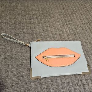 Womens Clutch pastel blue with pink lips Aldo retro Quirky lips unique